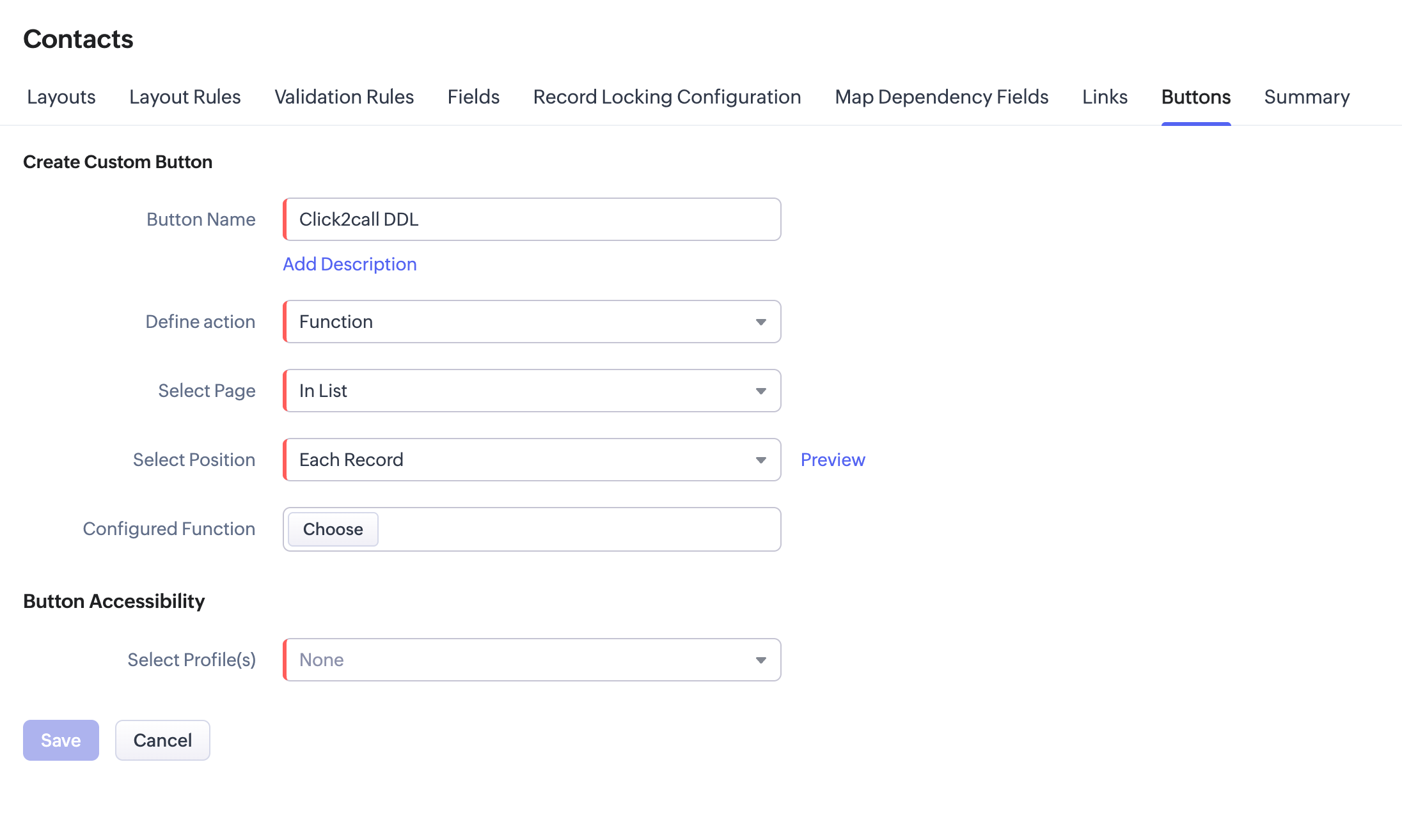 Custom button settings in Zoho CRM